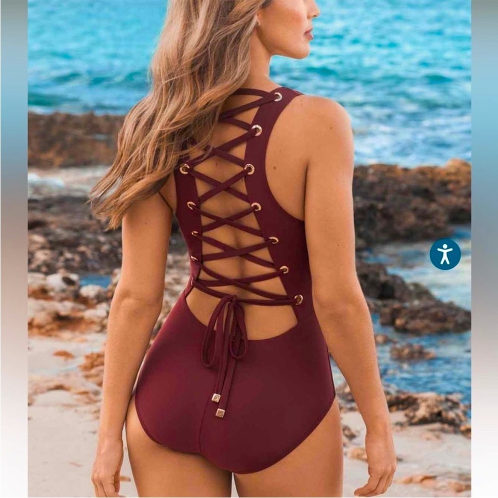 Miraclesuit Burgundy Lace-Up Back One-Piece Swimsuit